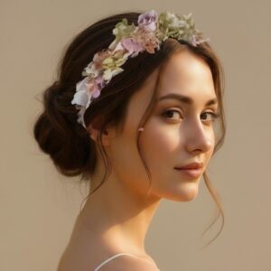 Novia usando diadema de flores preservadas naturales