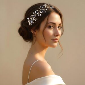 Novia usando Tiara elegante de cristales y perlas